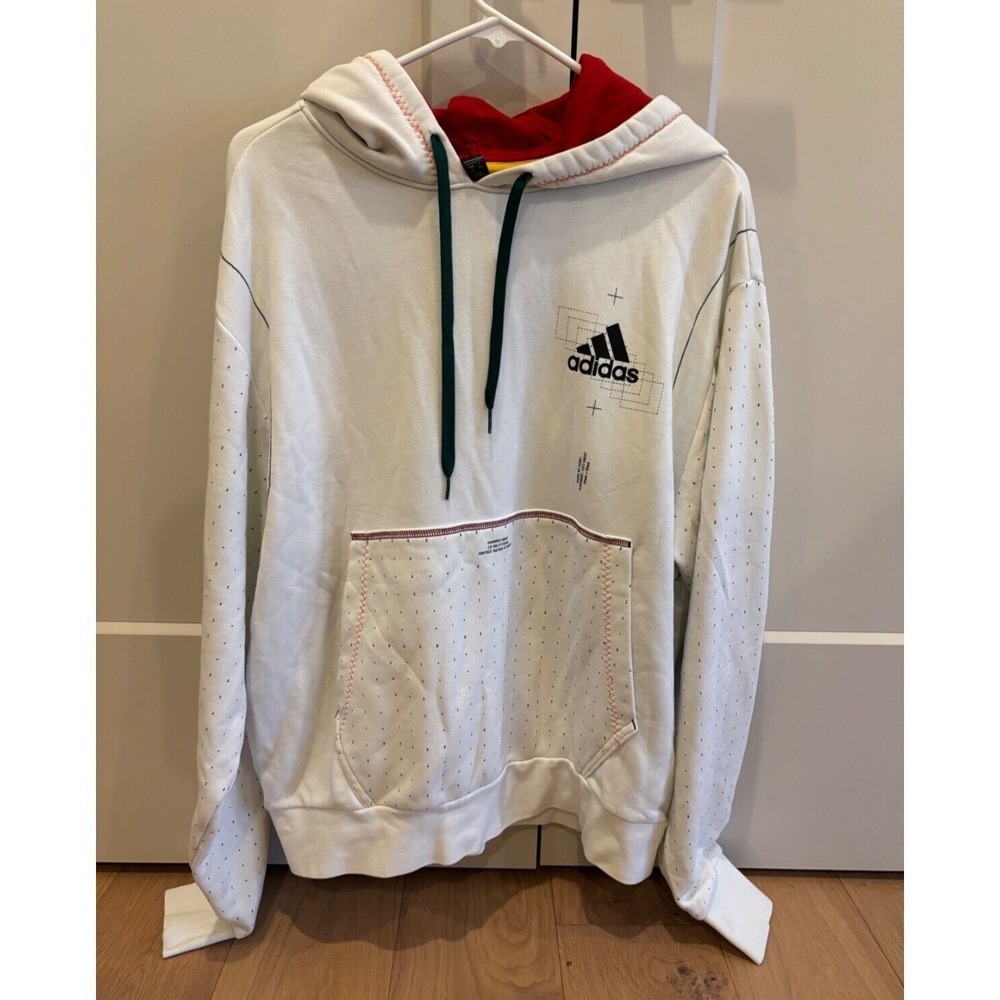Adidas White Perforated Kangaroo Pocket Hoodie Red Lined Hood Mens Size L